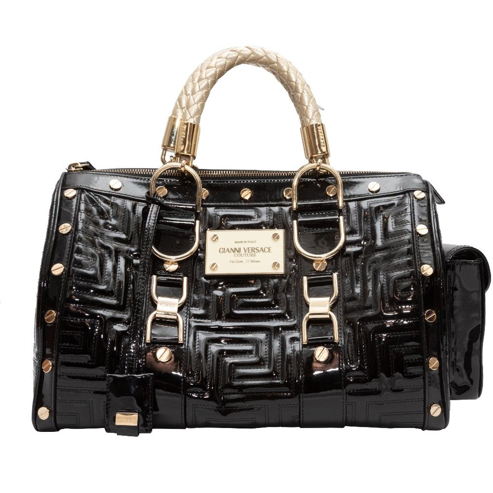 Black Gianni Versace Patent Leather Snap Out Of It Handbag